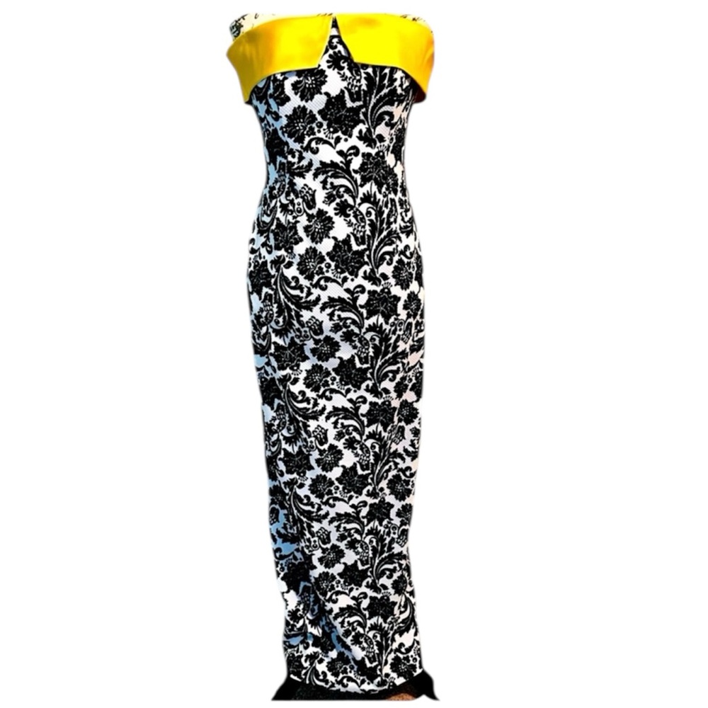 Evening Dress Custom Made Black White Strapless Yellow Satin Trim small